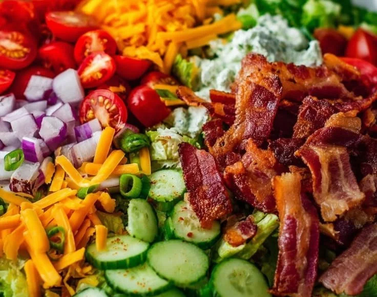 Chopped BLT Salad with bacon, lettuce, tomato, and dressing in a large bowl