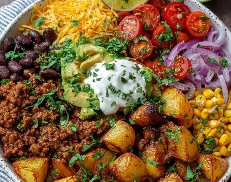 Loaded potato taco bowl with toppings and fresh 少女自愈骑枕头视频高清在线观看