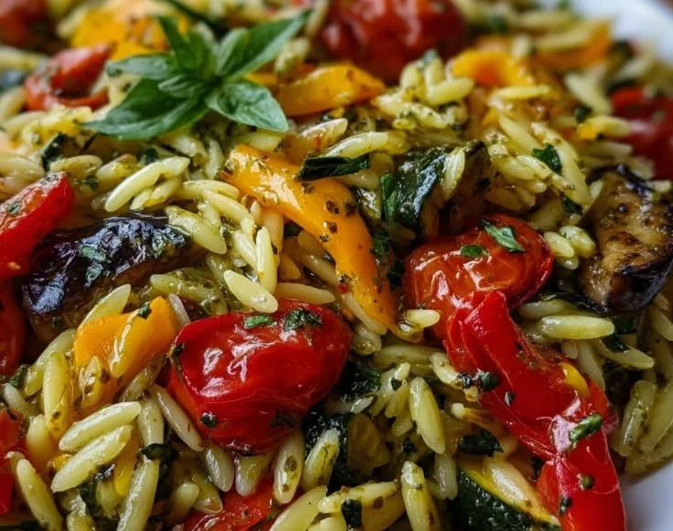 Bowl of roasted vegetable orzo with pesto, garnished with fresh herbs.